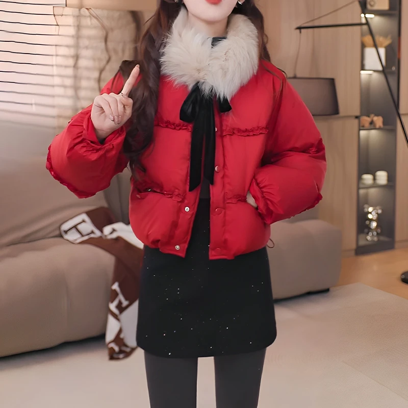 时尚小香风棉服女2025冬季新款洋气显瘦毛领荷叶边保暖棉袄潮