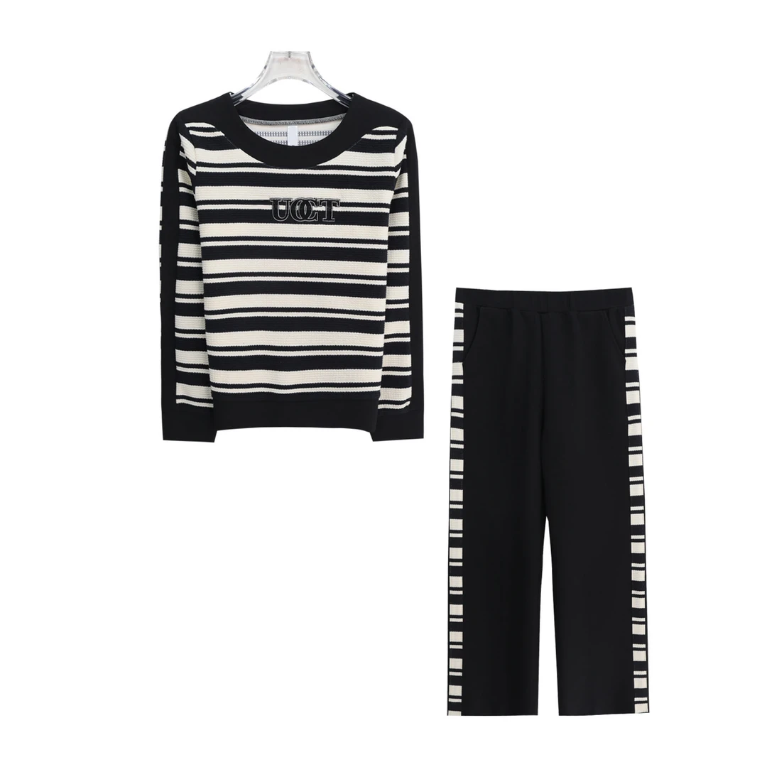 新款时尚拼色条纹圆领卫衣阔腿裤休闲两件套S3705