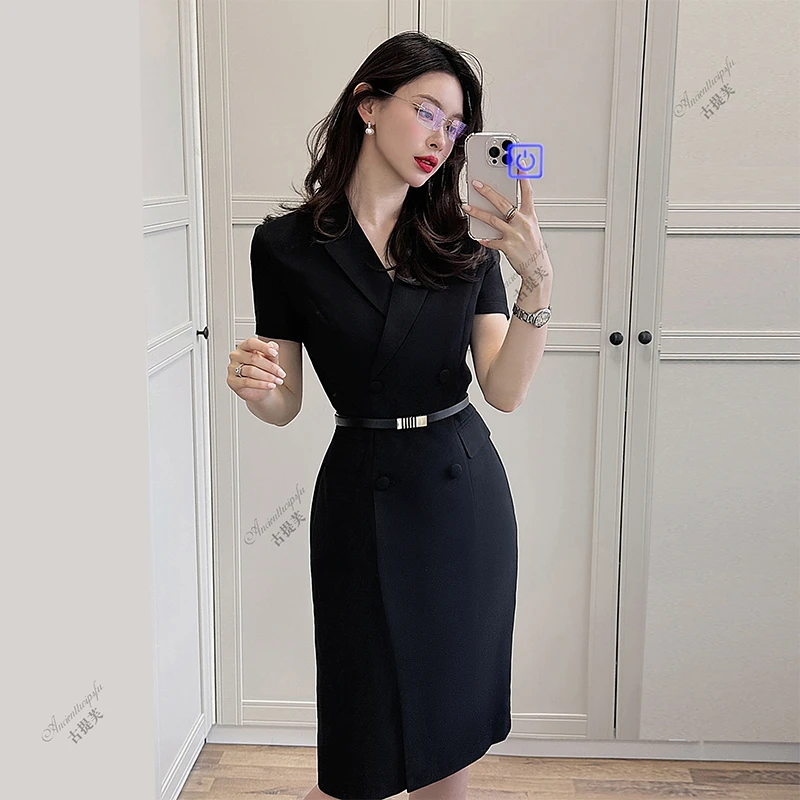 通勤夏季连衣裙黑色收腰西装裙工作洋气轻熟气质商务高端女
