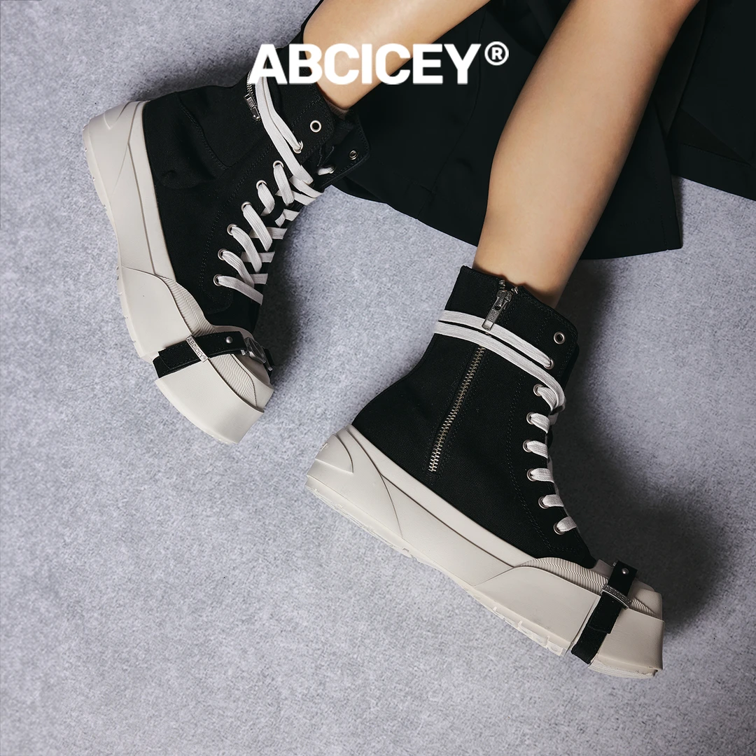 ABCICEY引力系列高帮黑色新品方头板鞋绑带低帮厚底鞋增高秋季