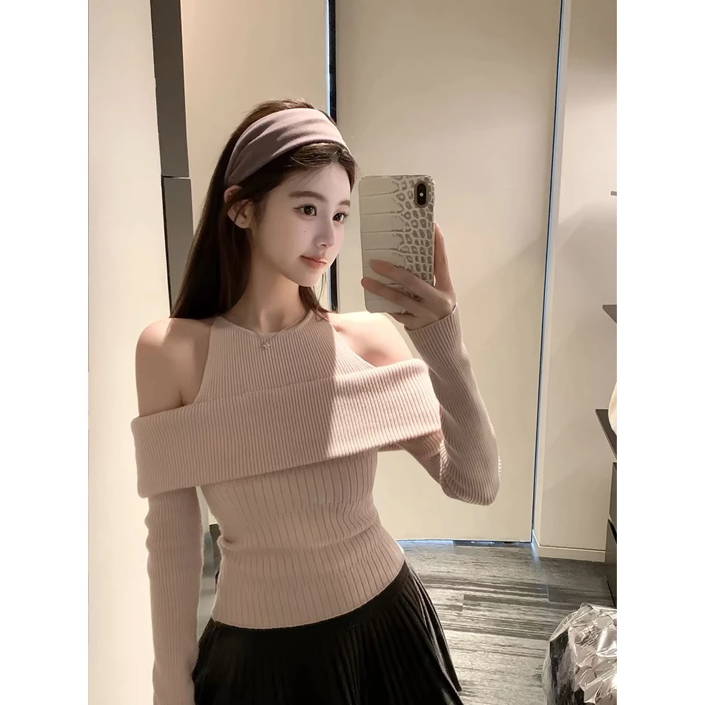 小小仟 labella*假两件一字肩坑条上衣女士长袖打底衫套头纯色