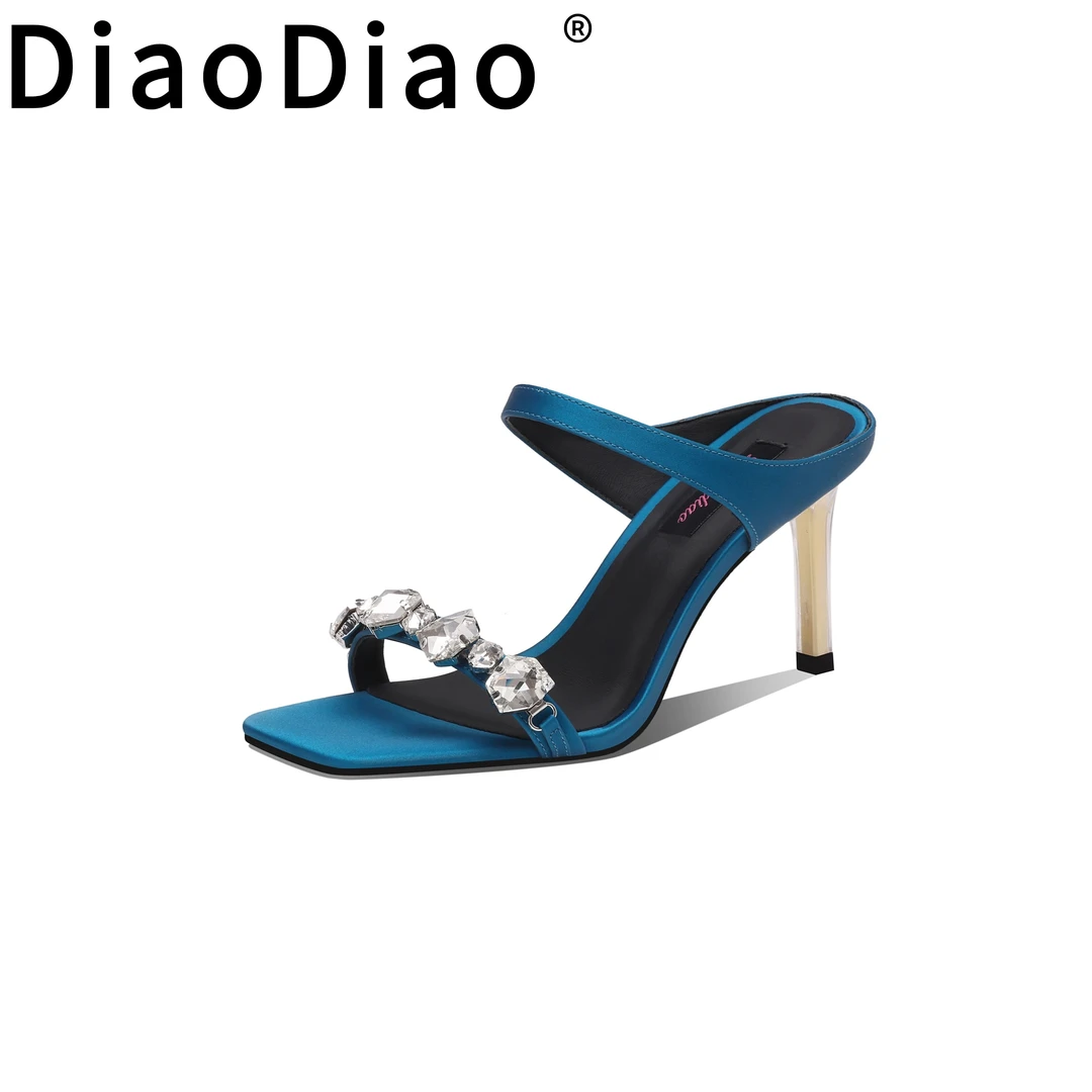 韩版粗跟透气一字拖水钻日常方头凉靴低跟高跟鞋气质时尚夏季