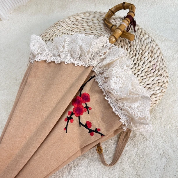 日本制重工花边提花刺绣亚麻绢布长柄伞高定晴雨伞复古天然9字形