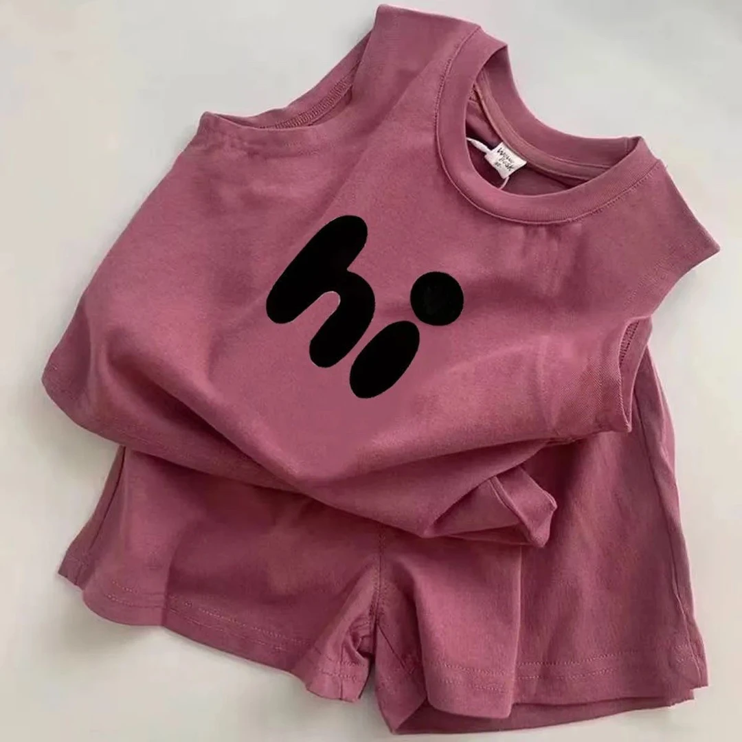 男女童洋气套装新款中小童纯棉背心短裤两件套儿童卡通无袖T恤套