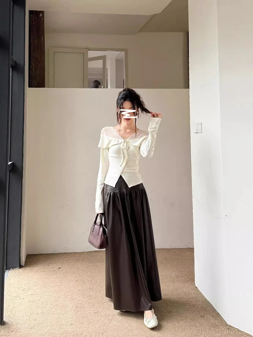 法式气质套装网纱拼接荷叶边v领长袖上衣女秋季皮裙半身裙两件套