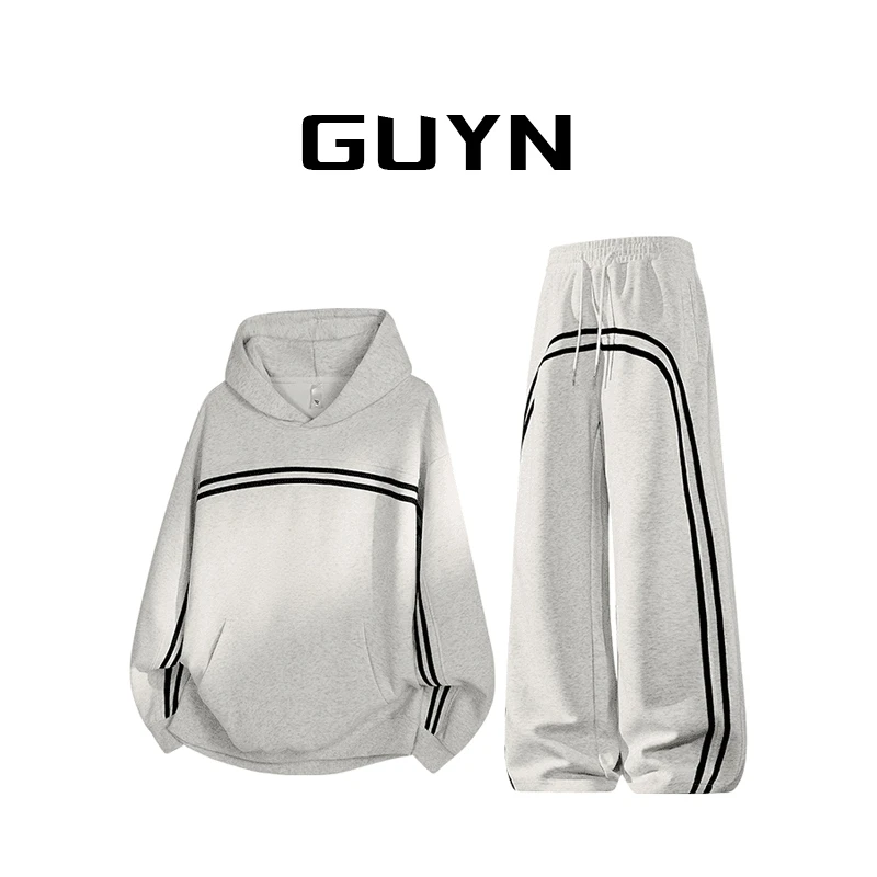 【品牌正品现货】GUYN休闲运动套装男春秋季宽松条纹连帽卫衣两件套