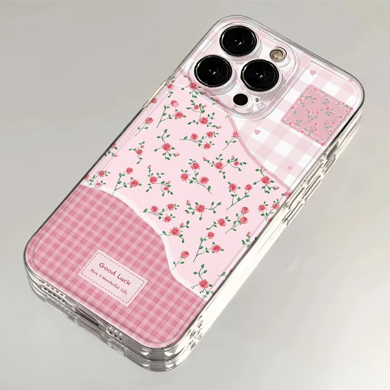 ins格纹粉色碎花适用iPhone16苹果14/15手机壳13华为vivo小米oppo
