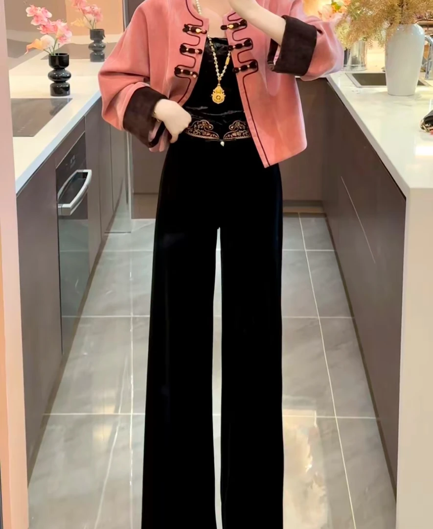 周粥铭顺-【刺绣裤】2025秋季新款高腰刺绣丝绒休闲裤JJQ5XXK5745