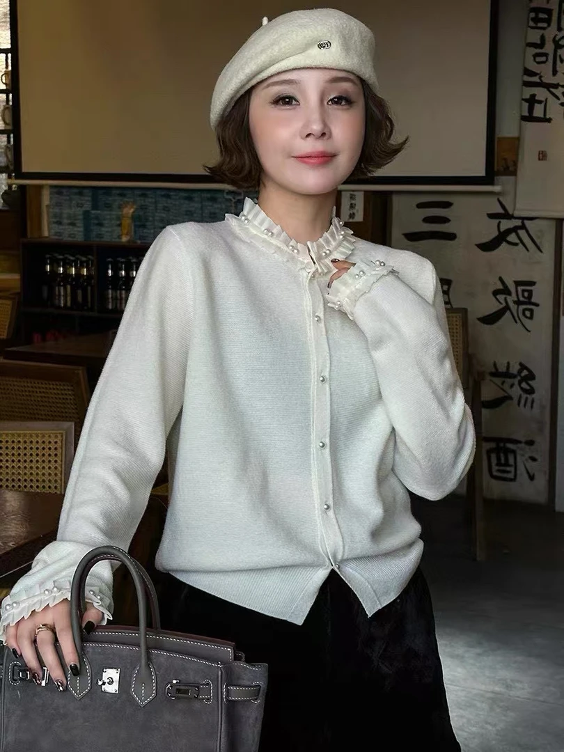 蕾丝圆领纯色毛针织衫气质加厚毛衣针织衫圆领春秋开衫