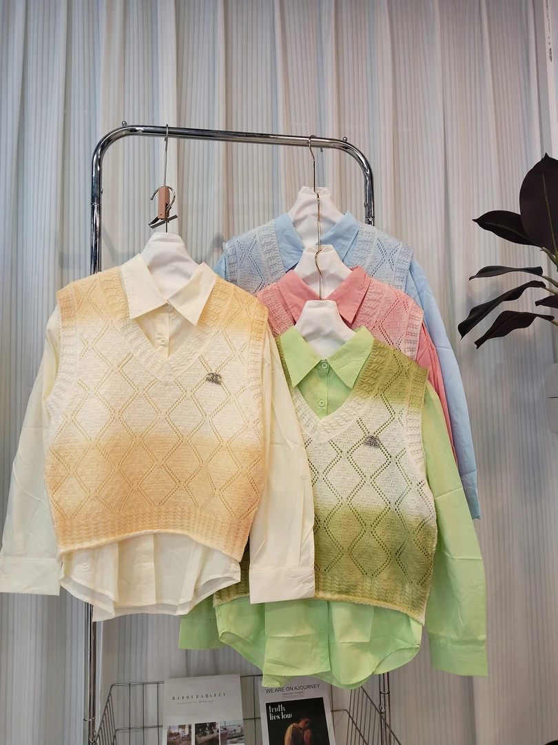 圆领麻花针织慵懒风衬衫女新款法式叠穿上衣两件套装6802