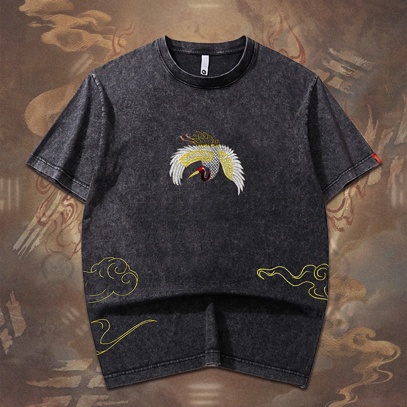 (仙鹤)夏季新款高级仙鹤刺绣t恤男中国风国潮纯棉水洗短袖T恤