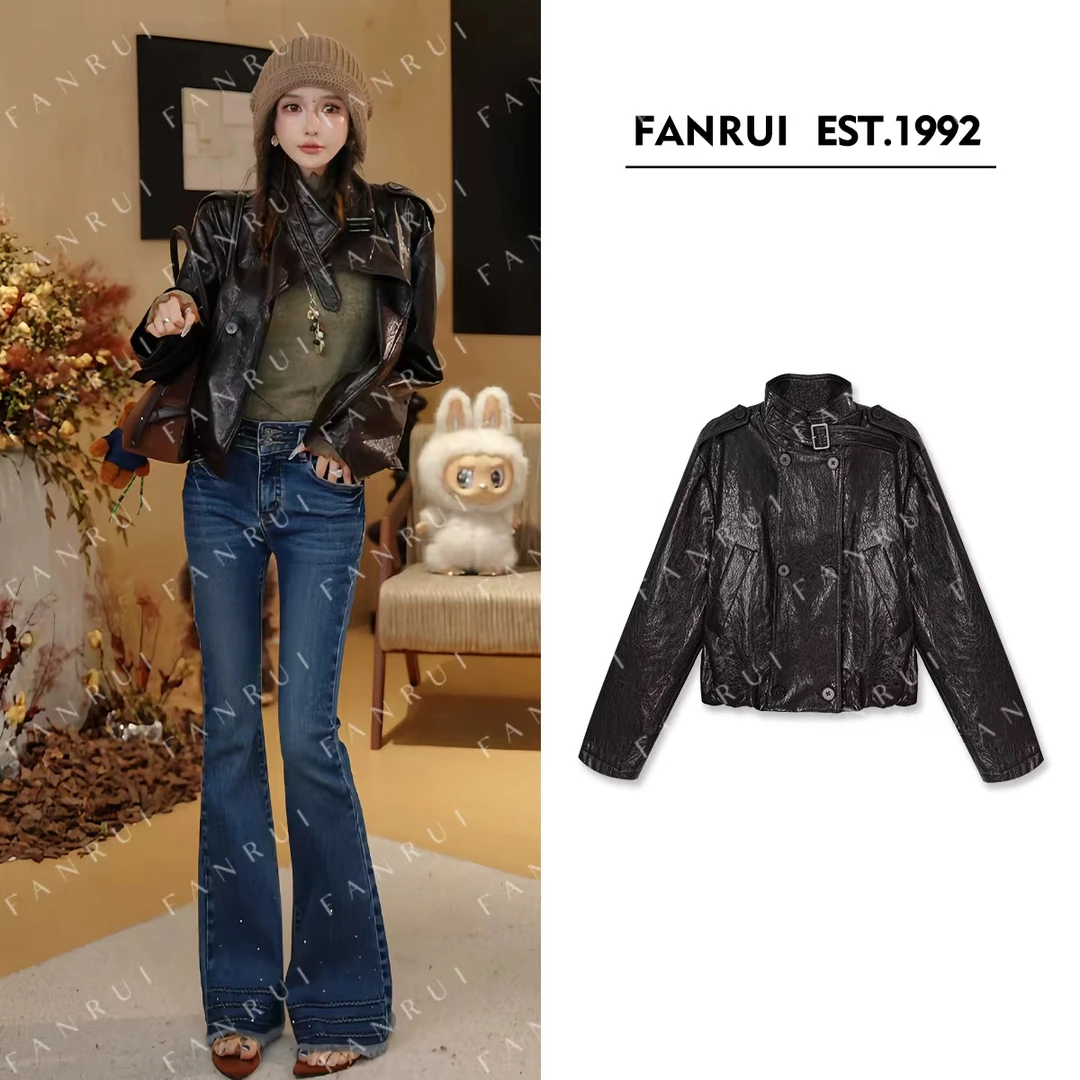 FANRUI/泛芮「棱镜之夜」裂纹复古洋气高级感百搭皮衣外套女B18434