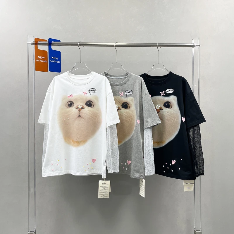 欧货春新款设计感卡通猫咪印花长袖T恤蕾丝袖拼接假两件上衣61699