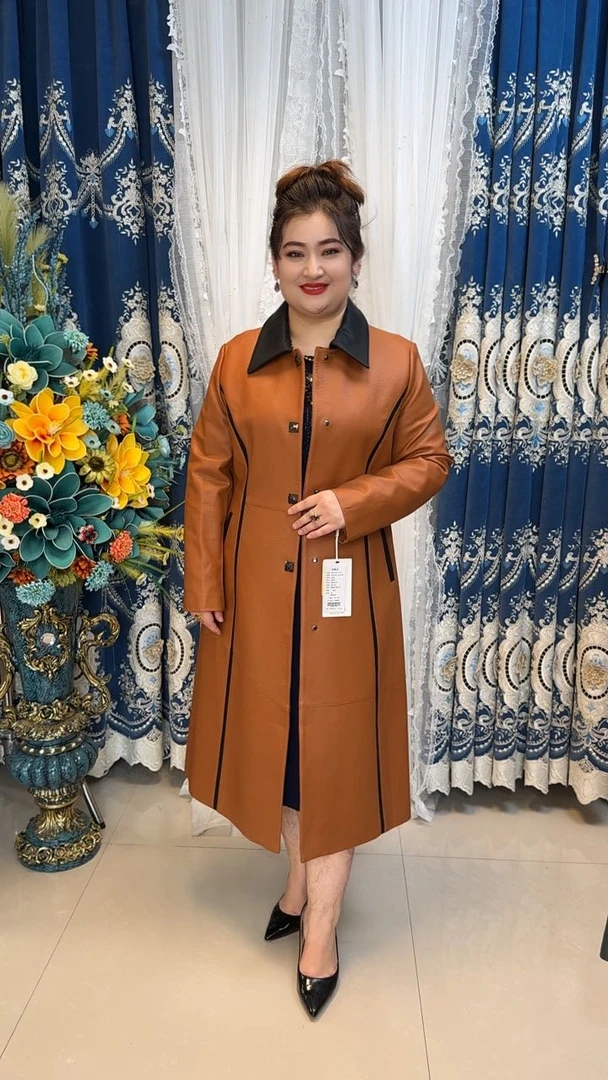 中长款薄款修身型风衣黑色秋季过膝外套女士韩版皮衣显瘦-HR825