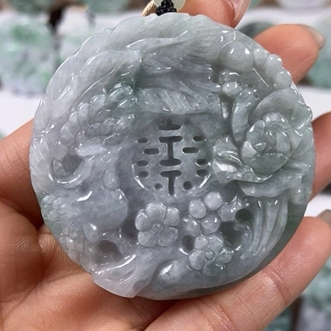 翡翠颈饰未镶嵌山水花开富贵双喜临门两面工福利