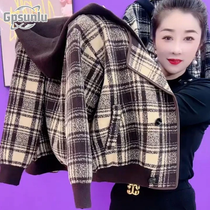 gpsunlu高端毛呢格子外套女冬季新款加厚连帽假两件毛衣针织开衫