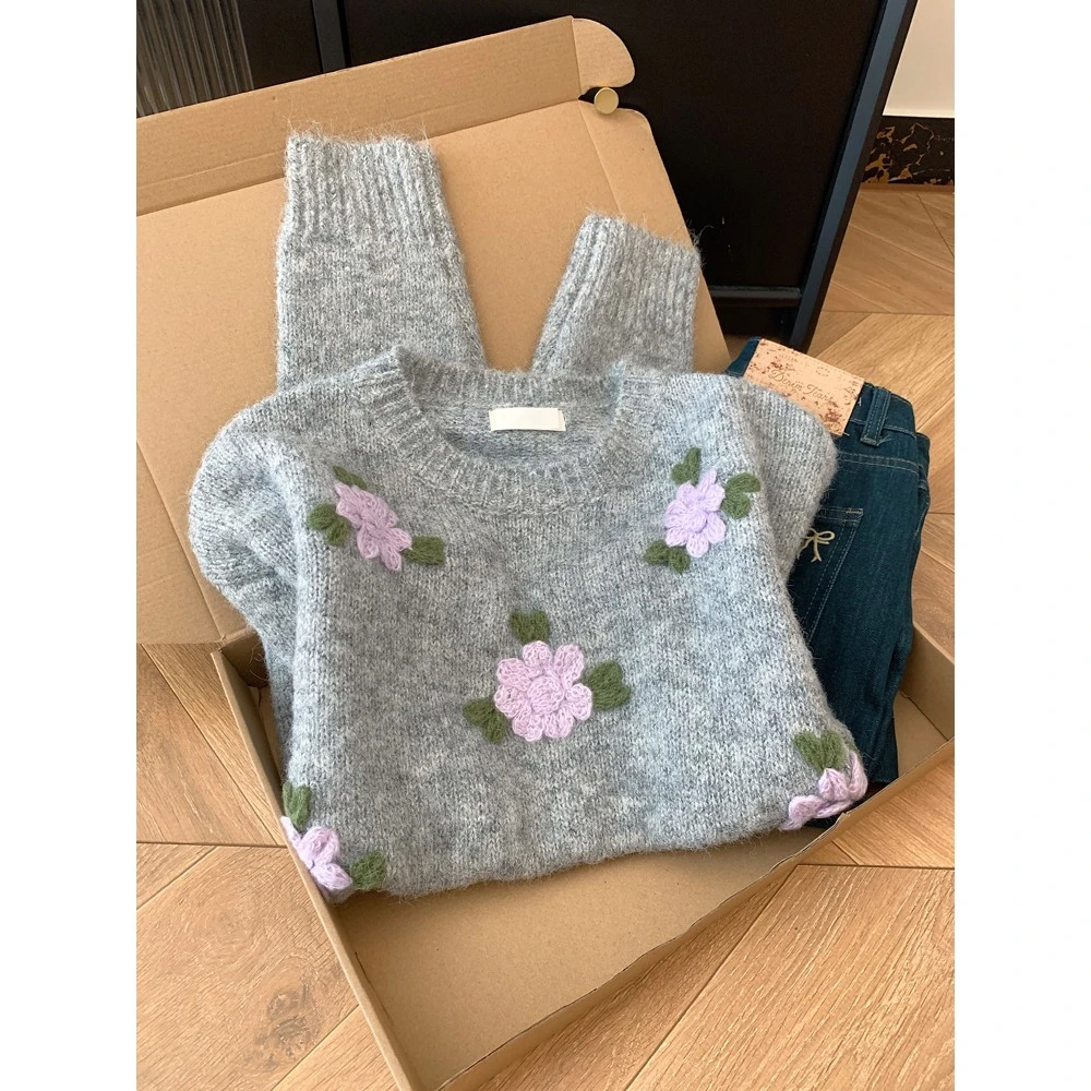 灰色圆领套头立体花朵刺绣针织衫毛衣女设计感小众气质秋冬上衣