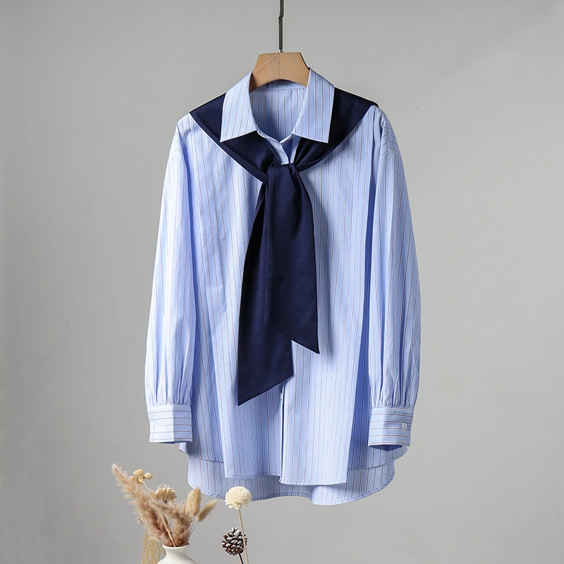 秋新款韩版竖条纹带披肩中长款宽松衬衫女显瘦