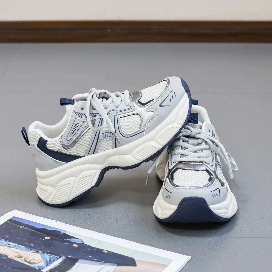 软底老爹鞋女款厚底运动鞋2025春季新款网面透气跑步鞋子复古显高