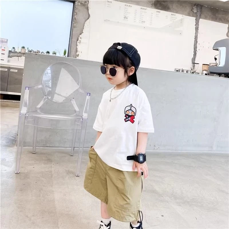 奥凸曼儿童中大童纯棉T恤男童洋气套装夏季宽松夏款印花韩版