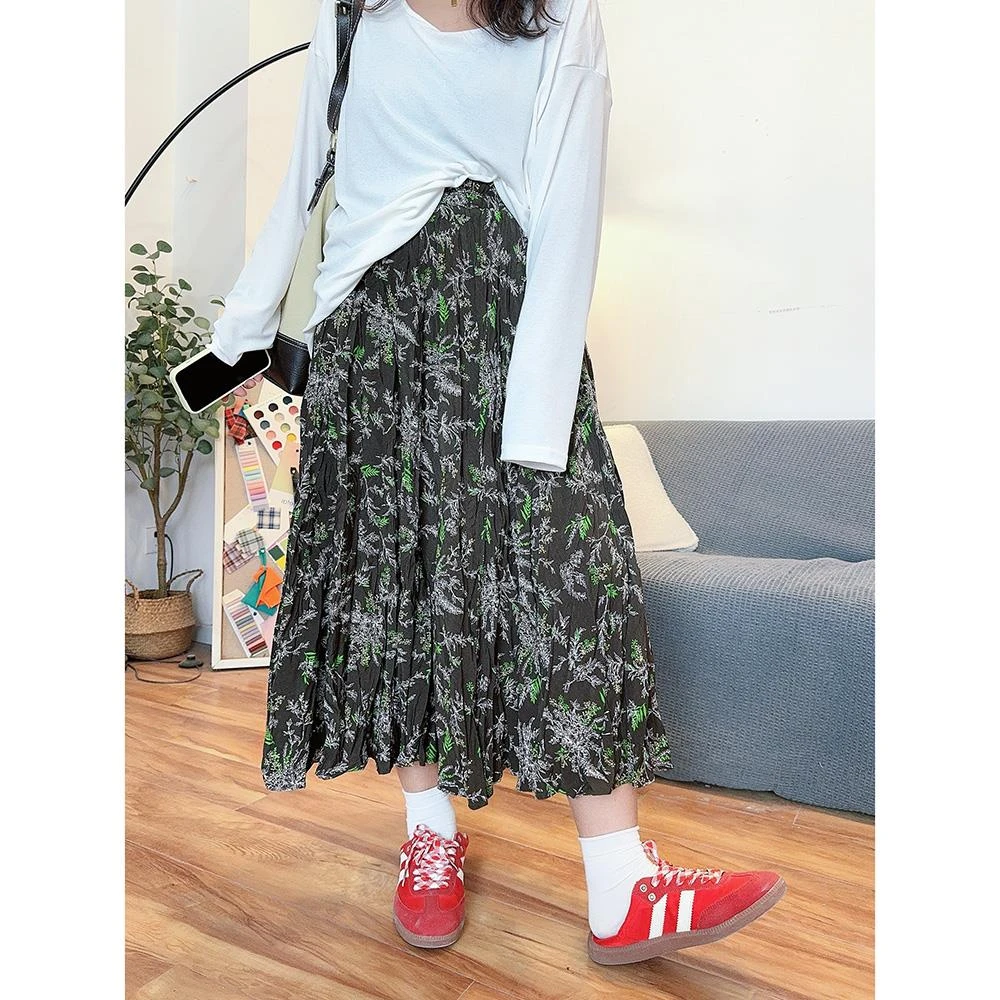 H花边下大码女装夏季新款高腰A字碎花褶皱半身裙中长款1021