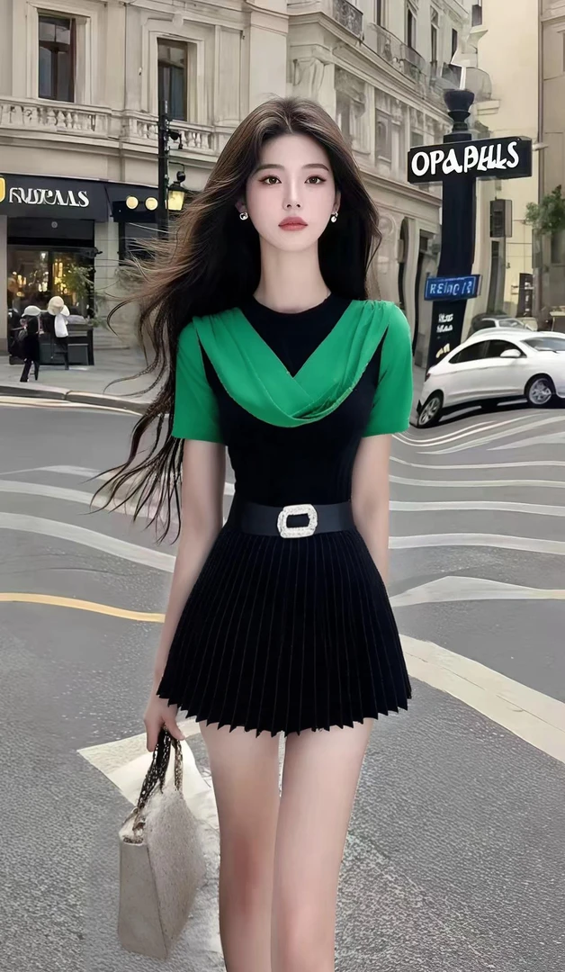 2025夏季上新圆领修身收腰短袖连衣裙轻奢优雅时尚气质氛围感女装