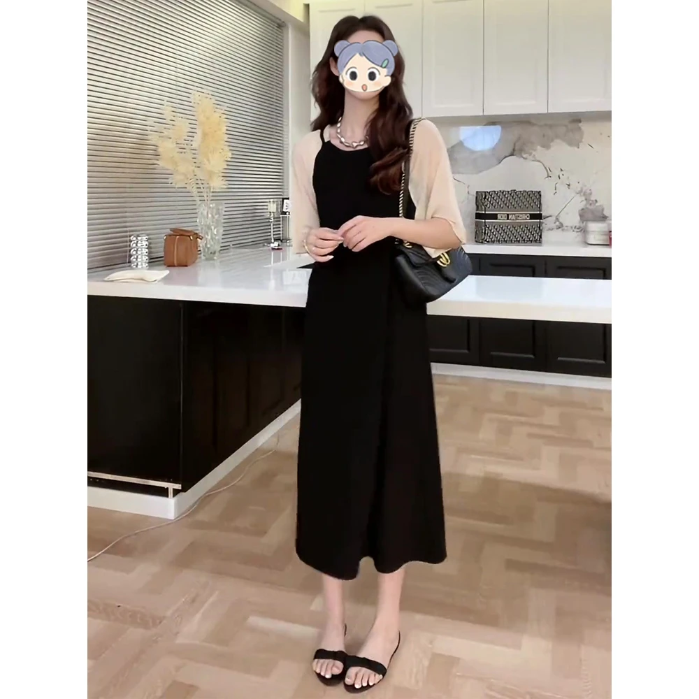 韩系赫本风拼接连衣裙女夏季新款大码胖mm梨型身材显瘦洋气小黑裙