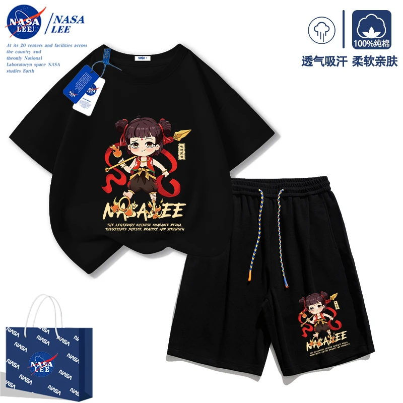 NASA哪吒儿童夏季短袖T恤套装2025新款纯棉男童女童夏装两件套薄