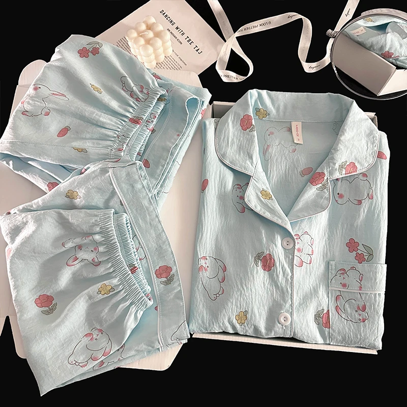 【兔宝宝】云朵棉睡衣女短袖短裤长裤三件套装夏季薄款卡通家居服