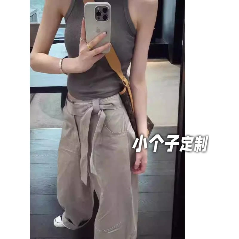 150小矮个子美式弯刀工装裤女春夏季显瘦复古直筒高腰阔腿拖地裤