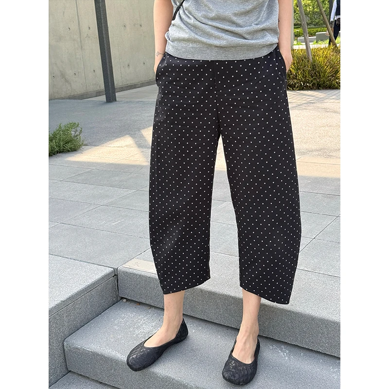 LANGQING 直筒九分阔腿宽松弯刀波点休闲裤44365/44561#