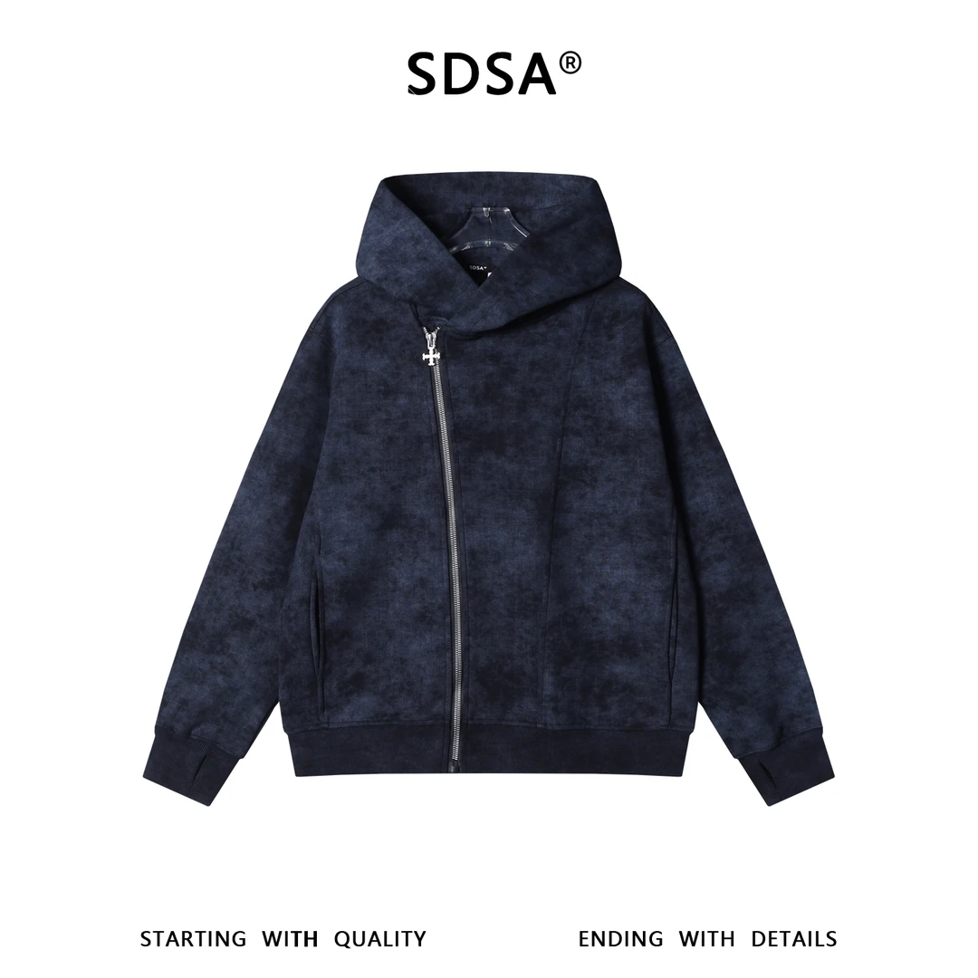 SDSA秋冬新款痞帅男装韩版潮牌扎染斜拉链连帽卫衣百搭开衫外套