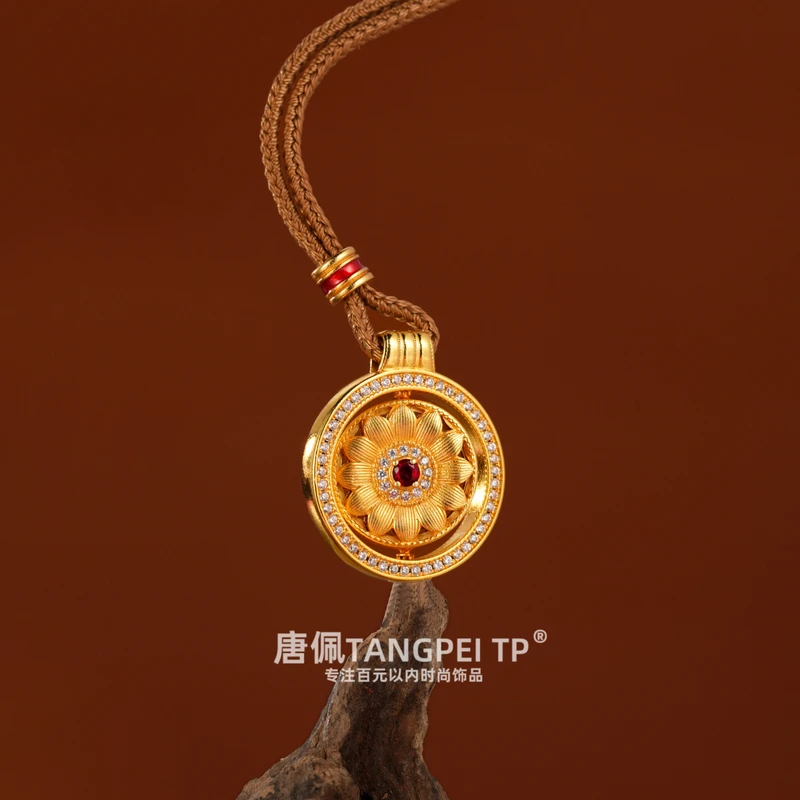 铜合金布艺项链 设计感新中式如意莲花双面罗盘项链国风时尚饰品