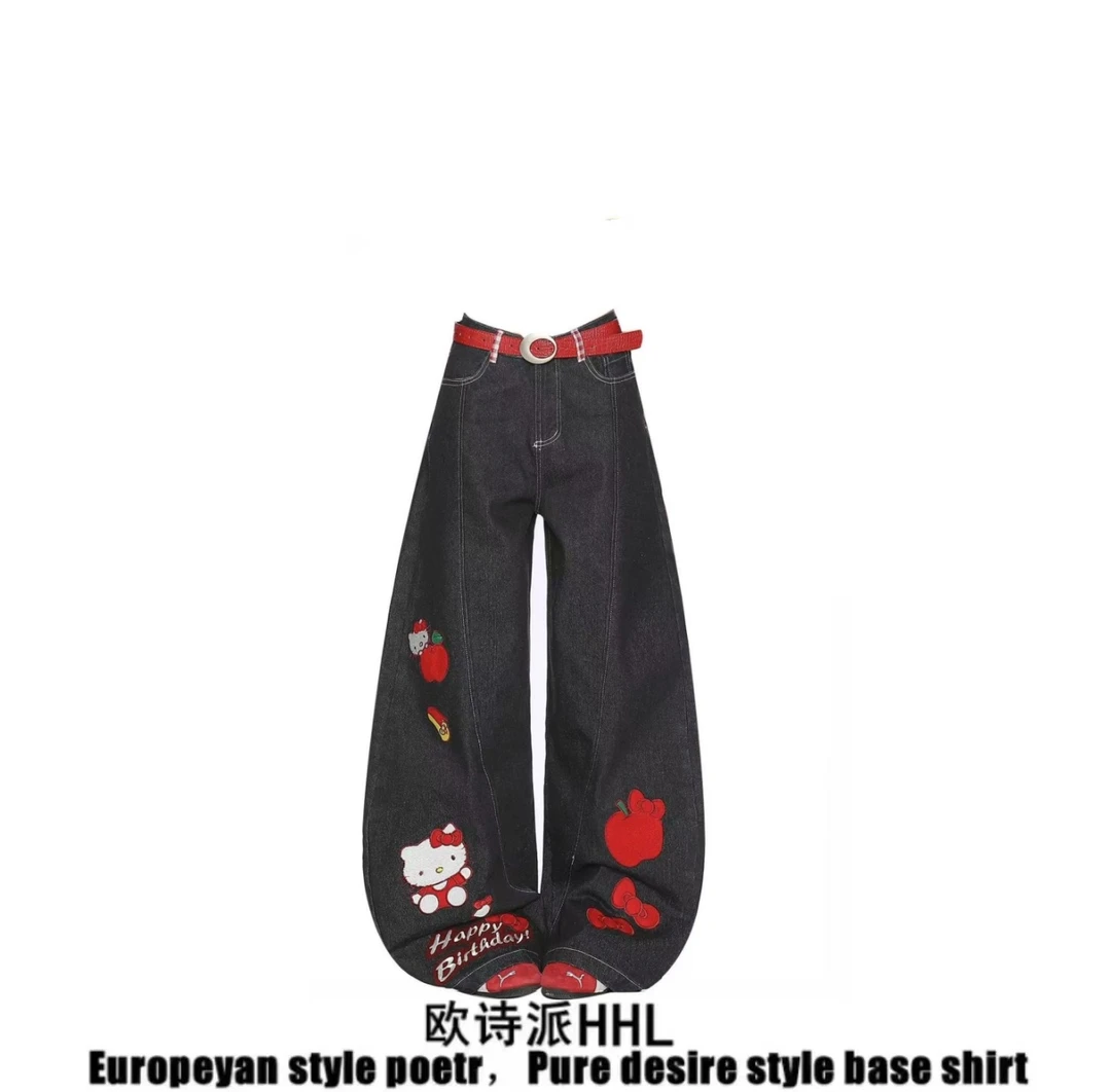 美式复古Kitty猫刺绣弯刀宽松牛仔裤女秋季2025新款直筒阔腿裤子