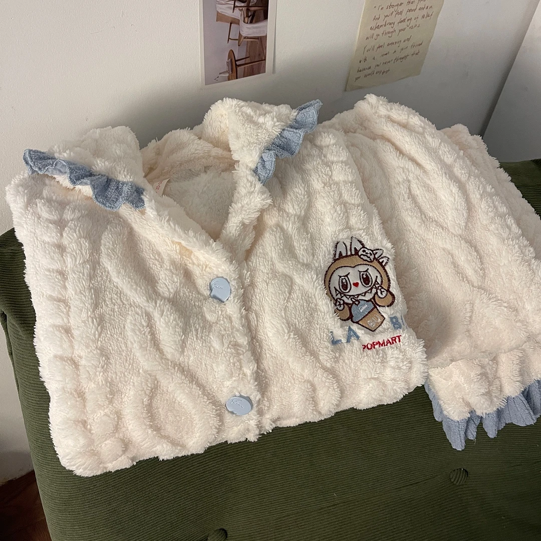 网红风长毛绒睡衣女新款冬季天加厚保暖卡通开衫家居服珊瑚绒套装