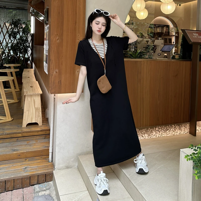 假两件条纹连帽连衣裙夏季新款大码胖宽松直筒裙短袖恤裙