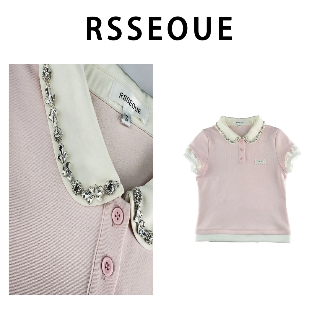 高级小众不撞衫上衣2025夏季新款拼接假两件polo水钻领短袖T恤衫