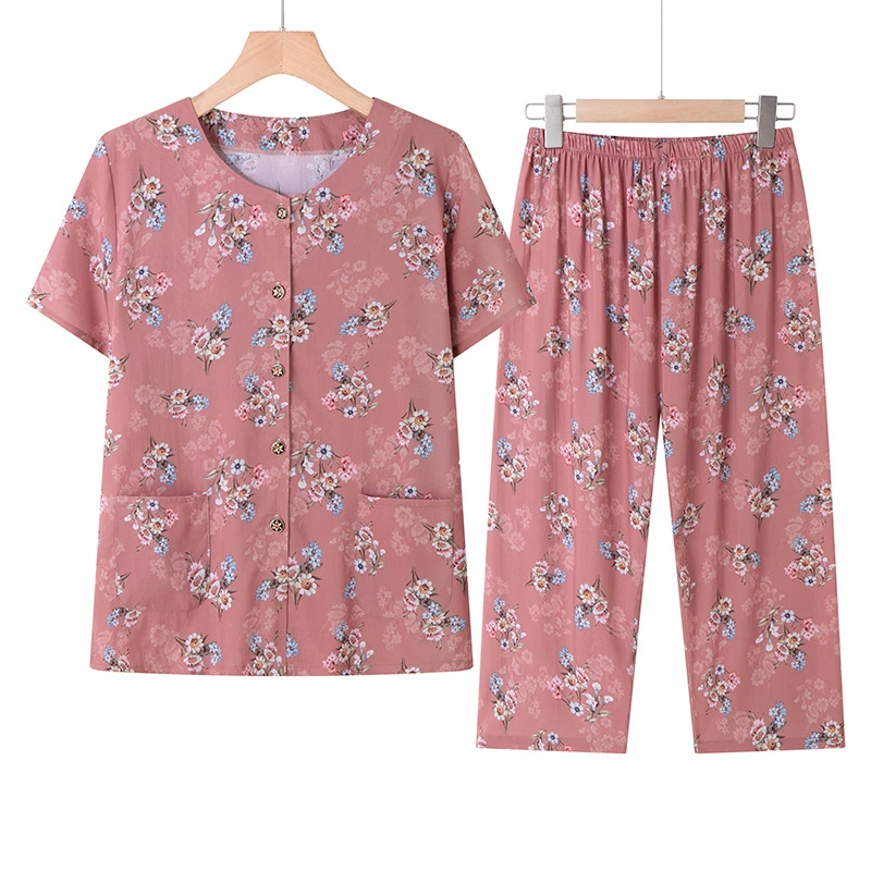 奶奶夏装棉绸短袖套装中老年人女妈妈开衫人造棉老太太睡衣两件套