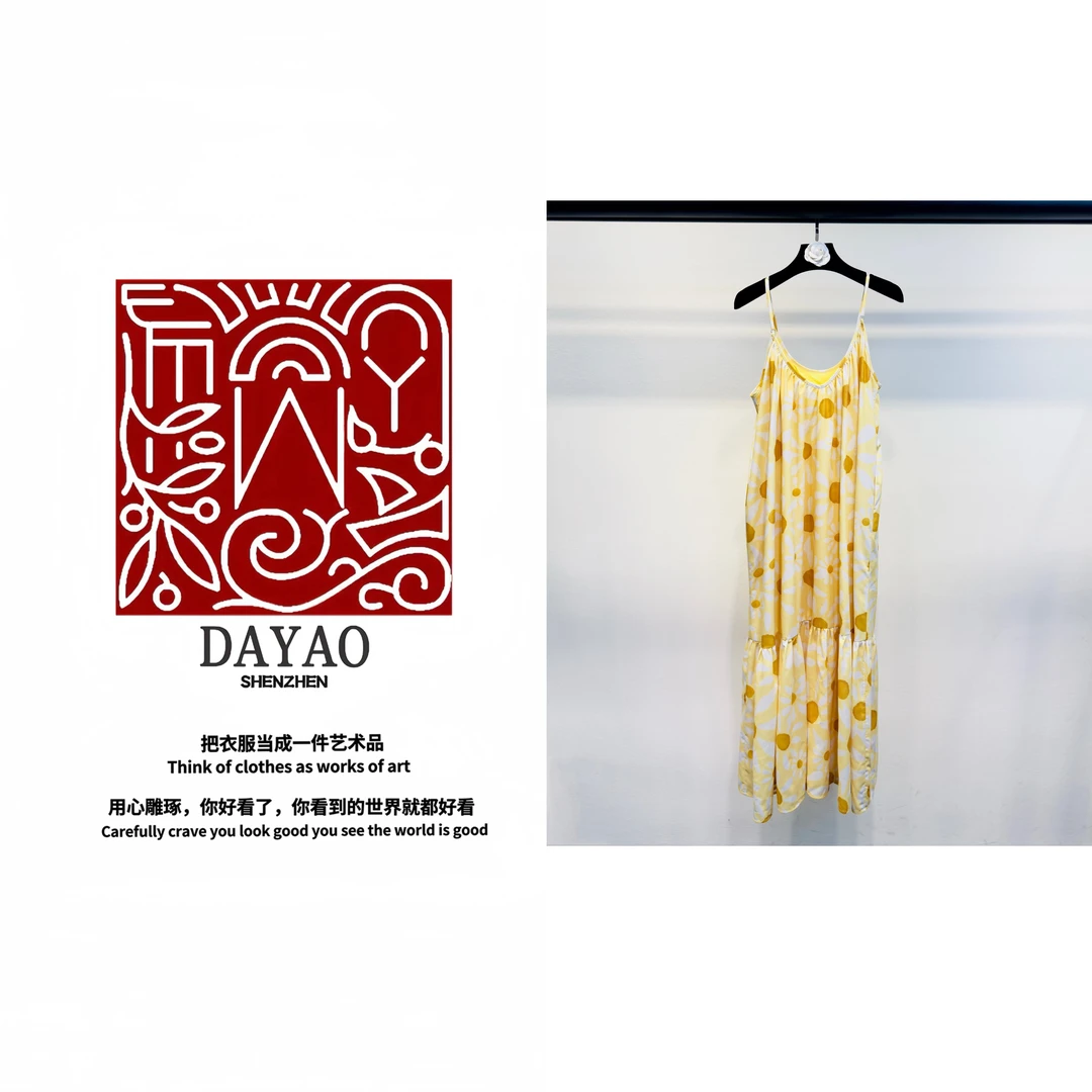 「DAYAO」25S优雅气质露肩百搭设计师黄色印花无袖连衣裙WYS2524