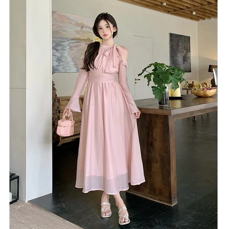 【现货】微胖温柔风初恋收腰气质设计感优雅女神露肩挂脖连衣裙9850