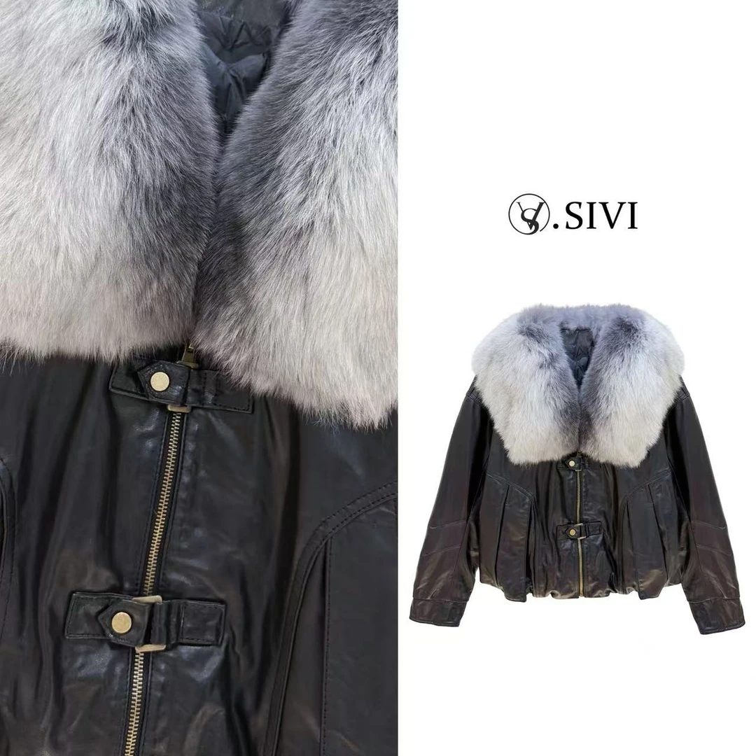 熙薇【​银狐墨域​】2025秋冬新款百搭休闲狐狸毛领羽绒皮衣H5955