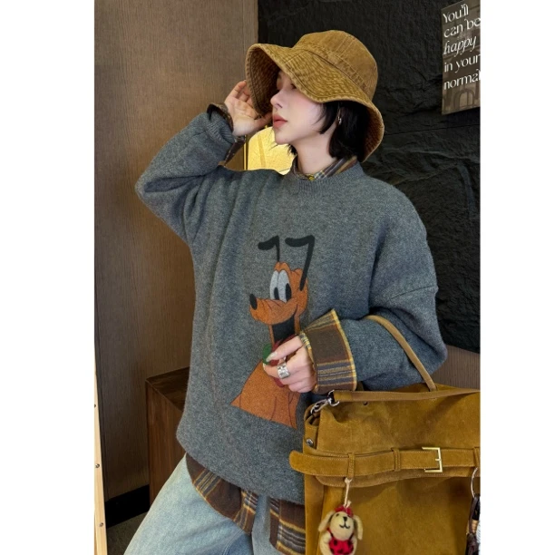 HY1987宽松休闲布鲁托狗慵懒毛衣圆领针织慵懒风复古百搭韩版