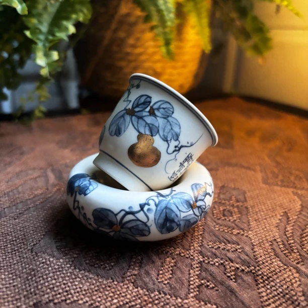 【南风】山隅 纯手绘描金葫芦品茗杯 甜甜圈盖置