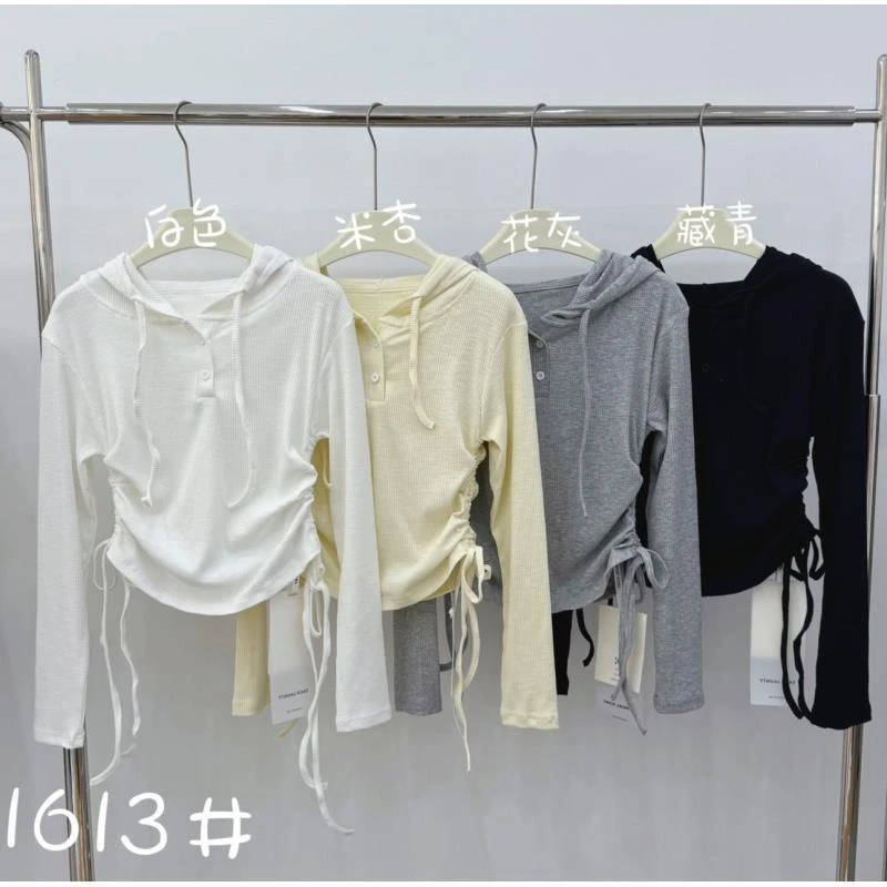 QY-百搭抽绳连帽T恤休闲显瘦长袖纯色宽松打底上衣YJ-1613