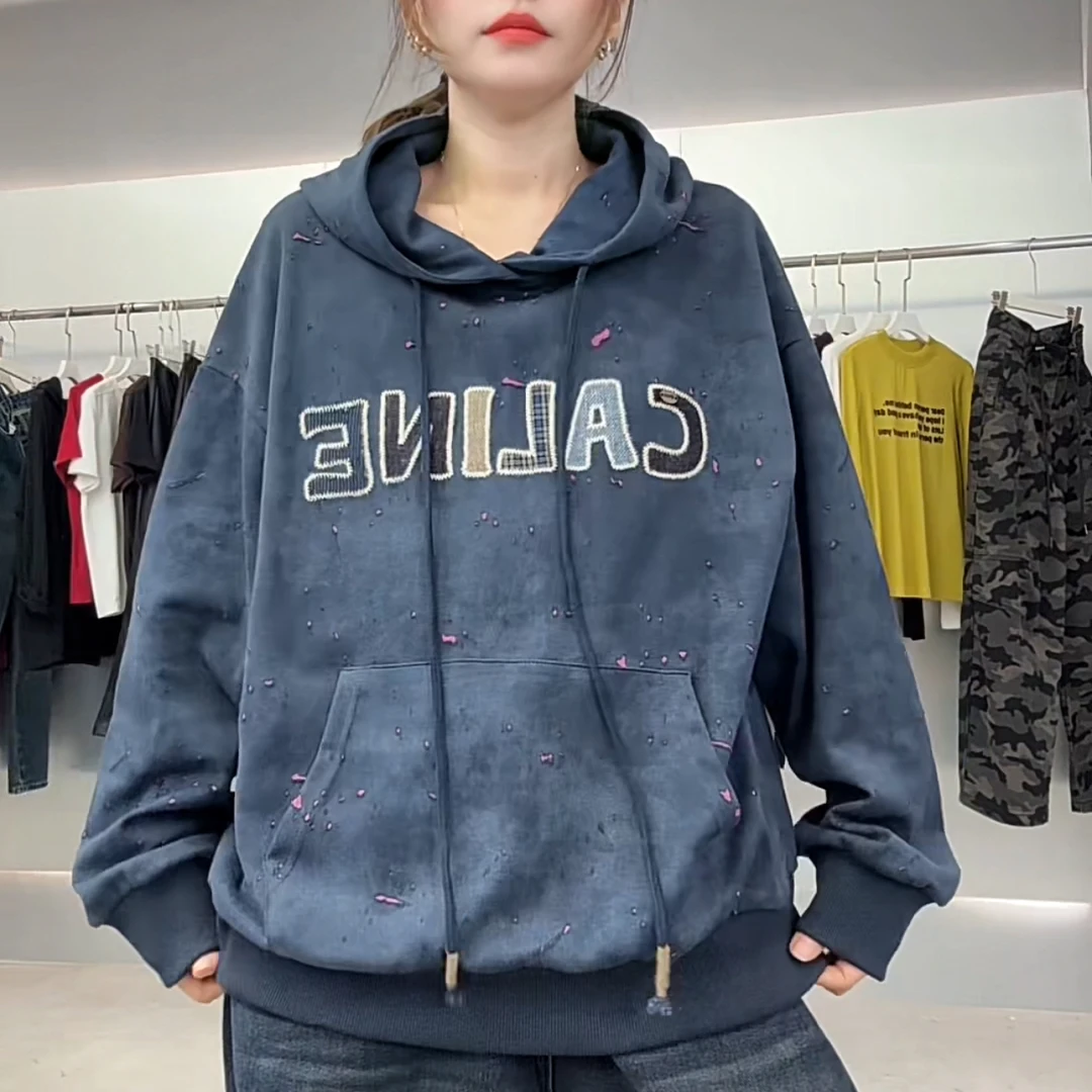 【YL严选】2025秋季新款字母刺绣扎染磨破设计感宽松显瘦连帽卫衣女