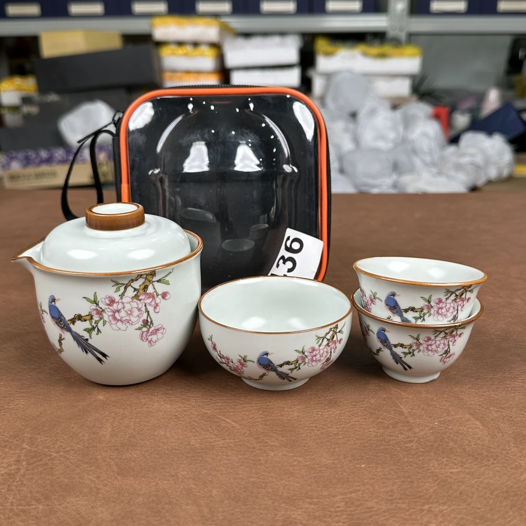 436-汝窑旅行茶具一壶三杯套装可养瓷开片喜鹊主人杯桃花手抓壶套