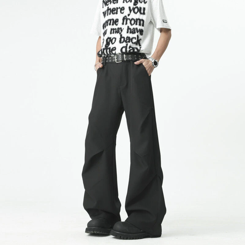 黑色高级感微喇西裤男春秋季垂感垂坠感褶皱工装裤子阔腿休闲长裤