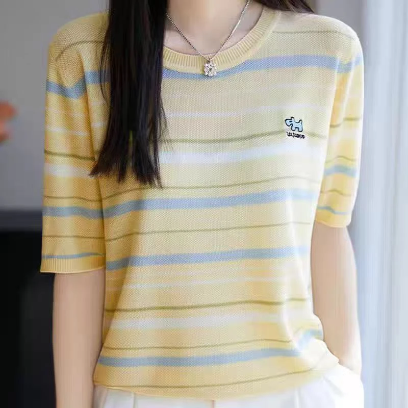 【条纹马-黄色】夏季圆领刺绣条纹针织短袖t恤女宽松显瘦半袖薄款