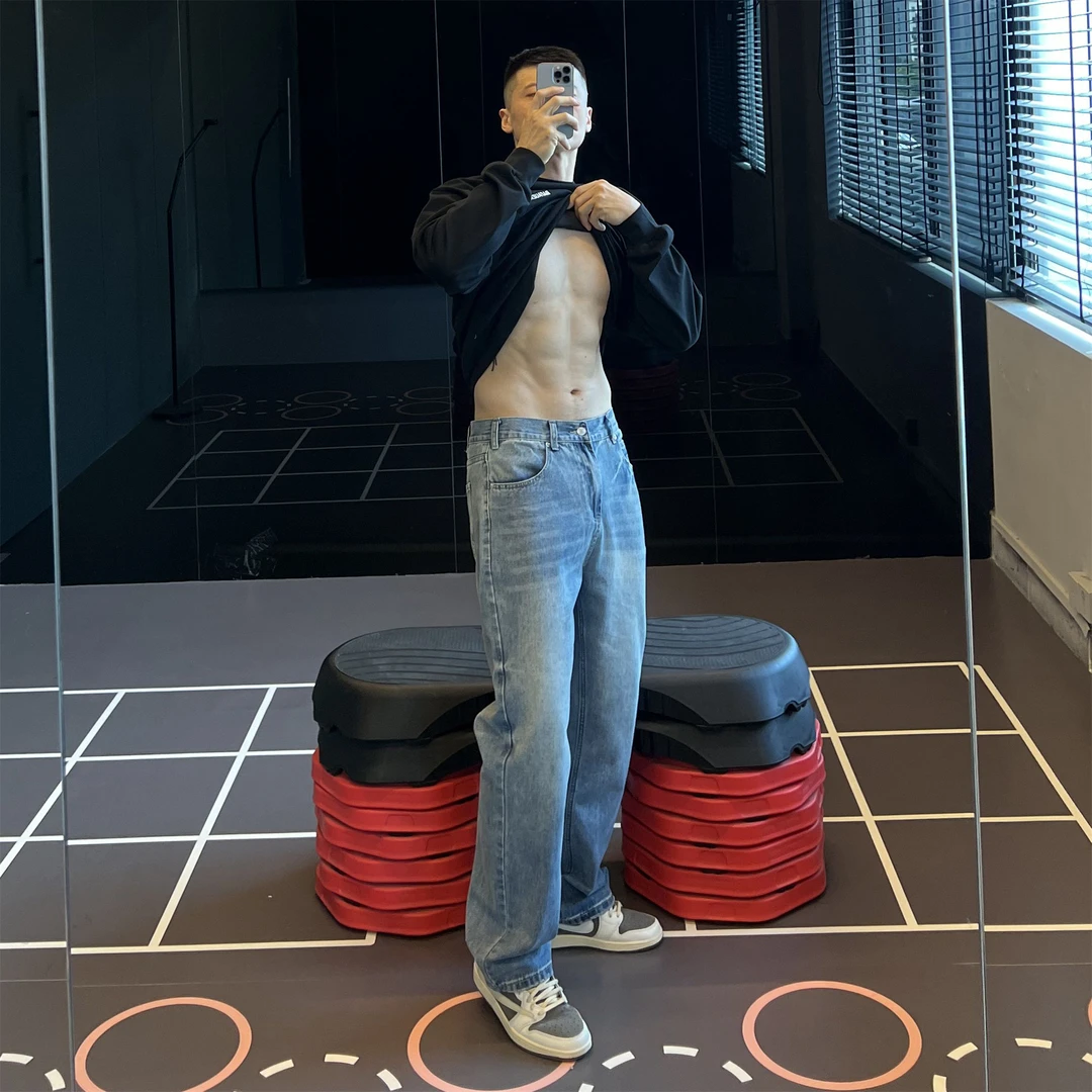 IRONTRAP浅蓝直筒牛仔裤男士混纺棉运动训练健身松紧腰长裤秋冬季