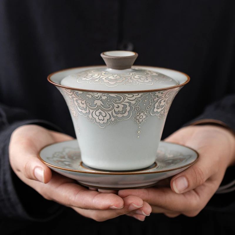 开片汝窑如意掐丝银悬停高档三才盖碗家用功夫泡茶器防烫手敬茶碗